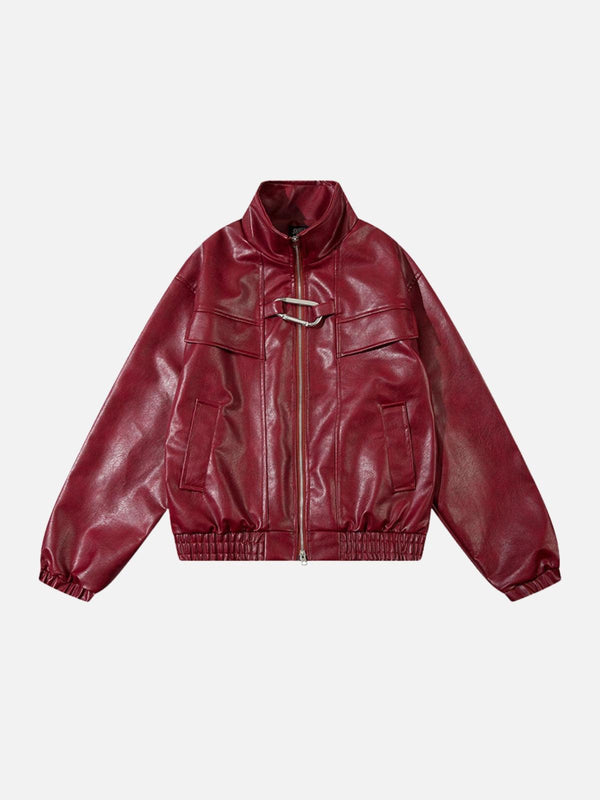 Burgundy faux leather jacket with a metal buckle detail, shown in front view by TALISHKO.