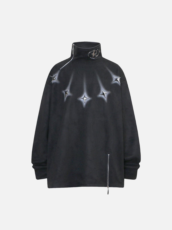 Front view of black suede fleece sweatshirt with metal button detail by TALISHKO.