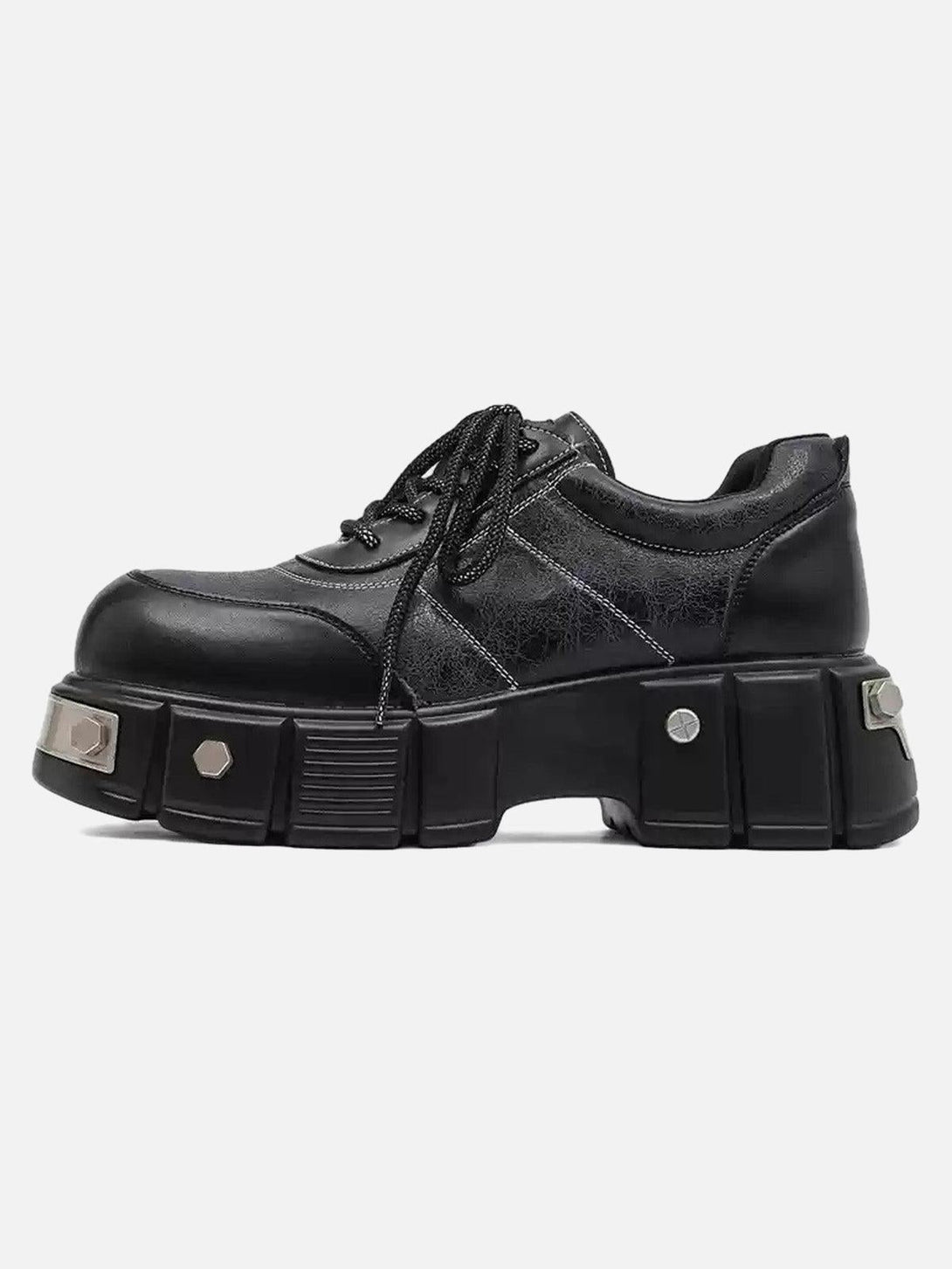 TALISHKO chunky leather shoes in gray with metal plate accents, perfect for edgy street style.