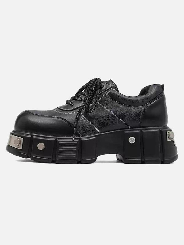 TALISHKO chunky leather shoes in gray with metal plate accents, perfect for edgy street style.