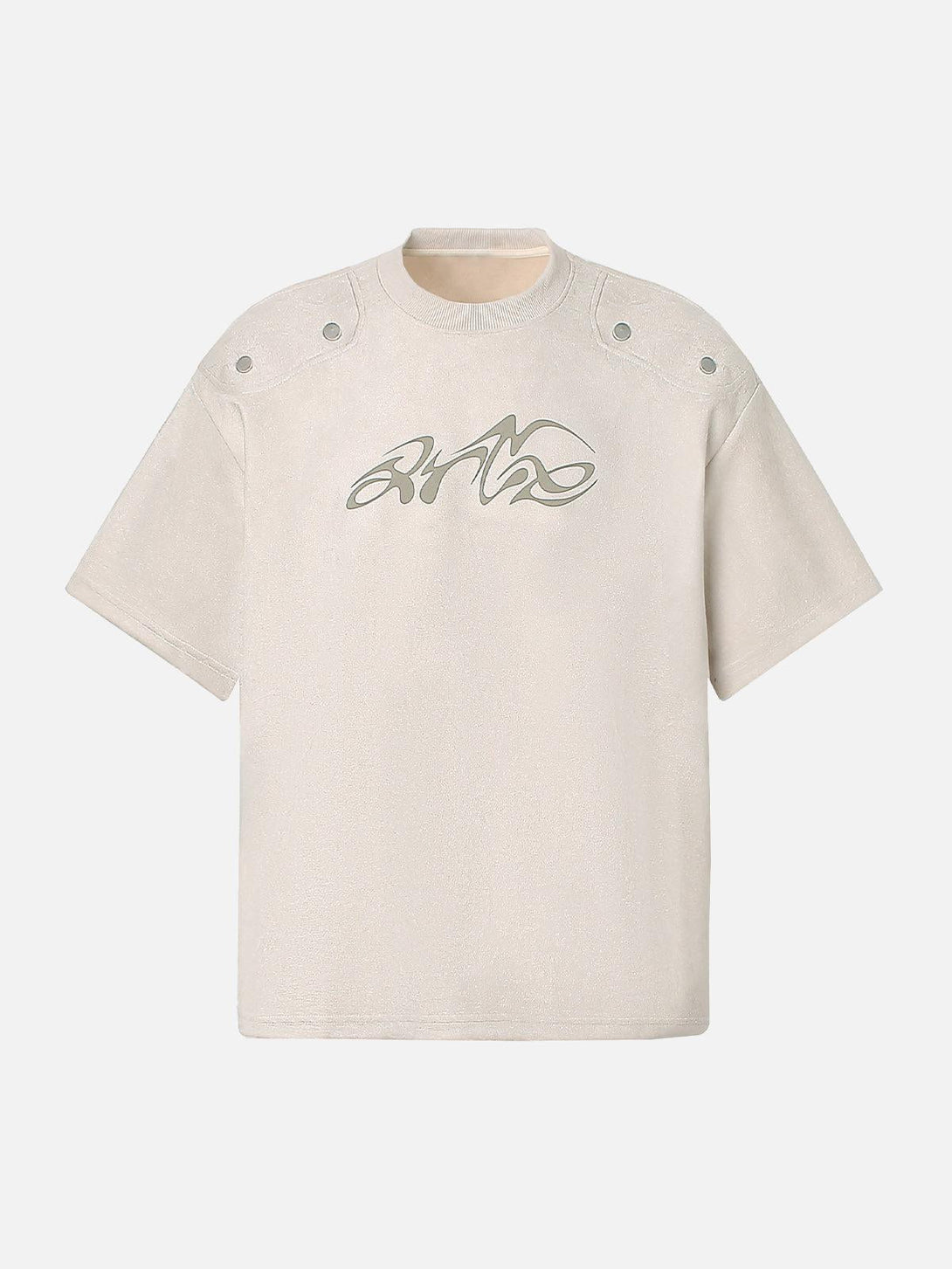 Front view of TALISHKO beige suede crew neck T-shirt with metallic print design.