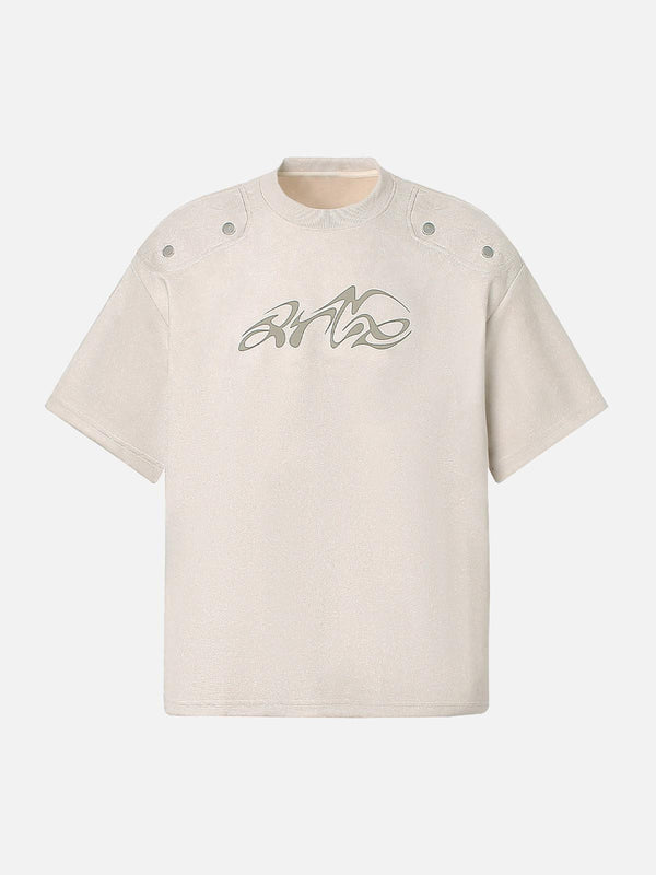 Front view of TALISHKO beige suede crew neck T-shirt with metallic print design.