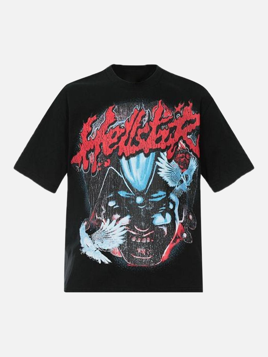 Front view of a black TALISHKO graphic T-shirt with bold red and blue designs, perfect for edgy looks.