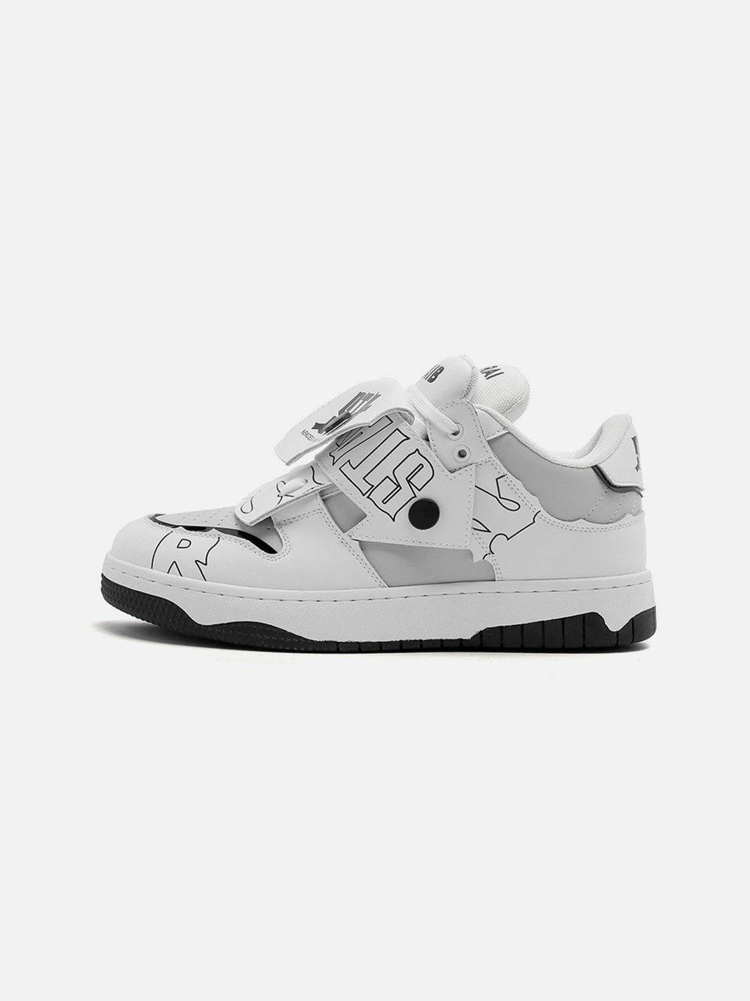 A side view of white TALISHKO mid-top skate shoes featuring bold color blocking design.