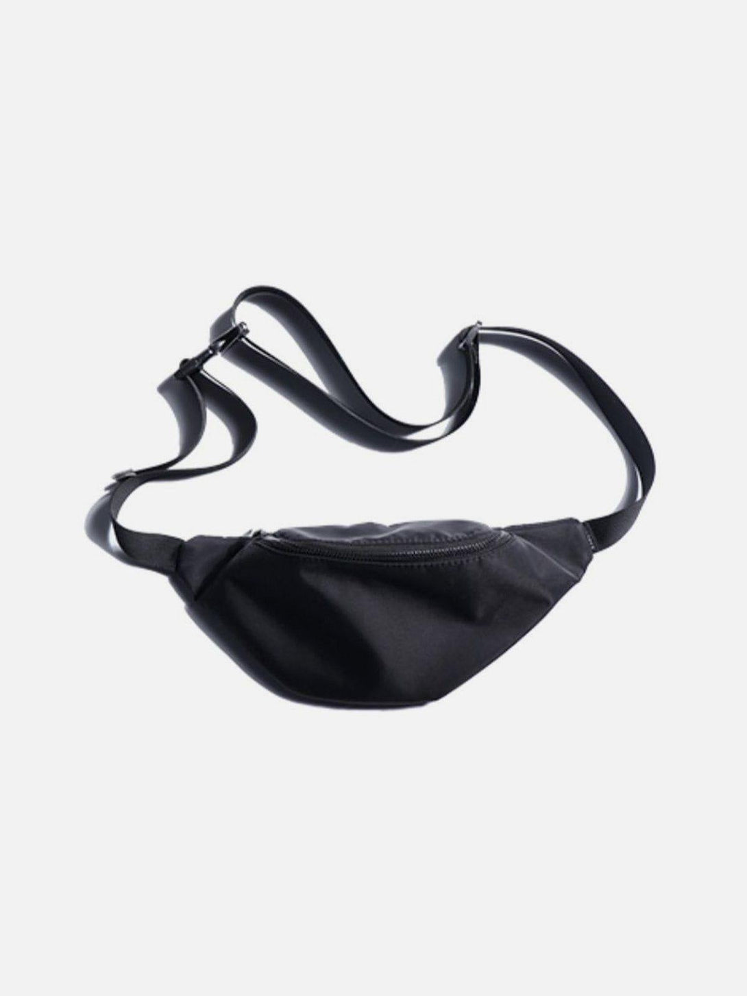 Front view of a black mini crossbody waist bag by TALISHKO, ideal for urban fashion.