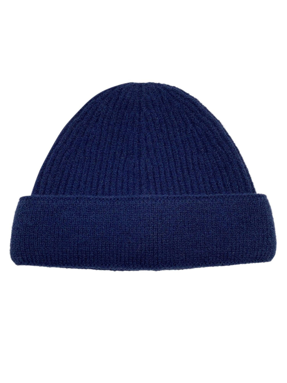 Navy mini fisherman beanie by TALISHKO, front view, featuring a cozy knit texture.