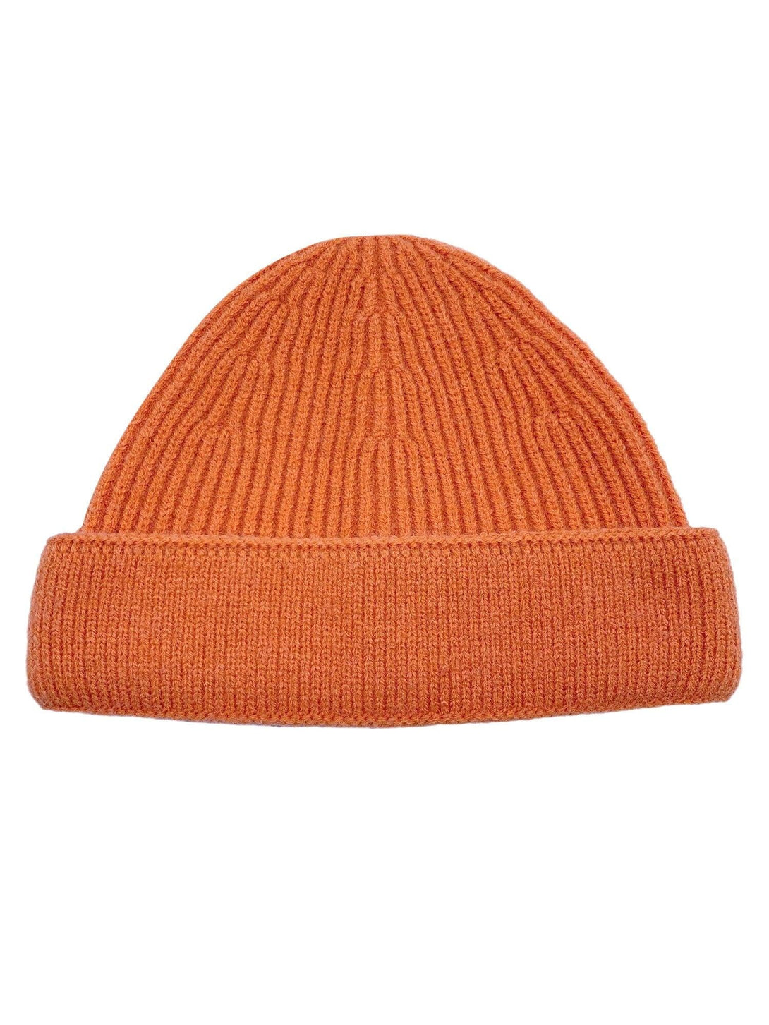 Front view of orange mini fisherman beanie by TALISHKO, featuring a cozy knit texture.
