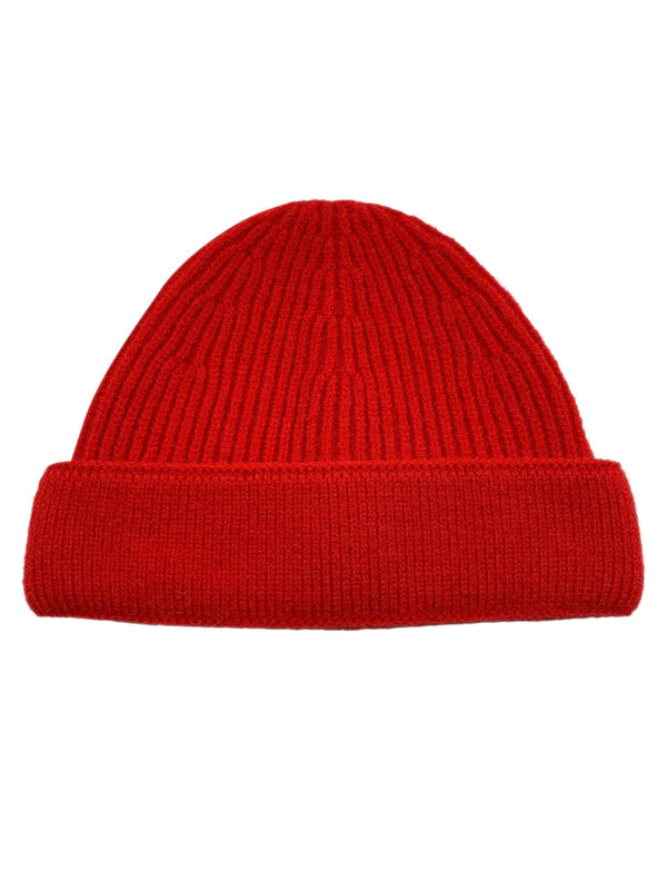 Red mini fisherman beanie by TALISHKO, front view, showcasing cozy knit texture and bold style.