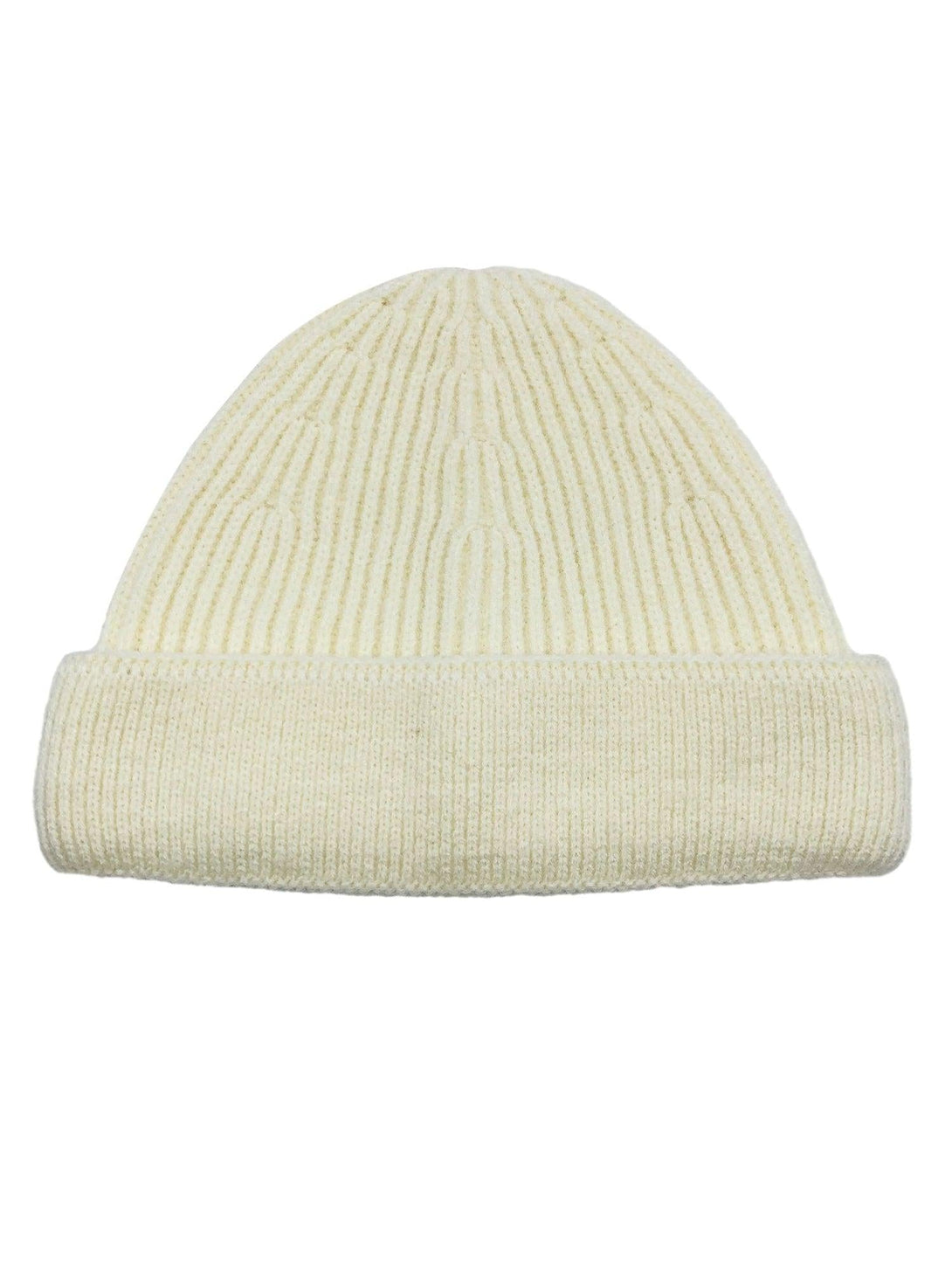 Front view of white mini fisherman beanie by TALISHKO, highlighting its cozy knit texture.