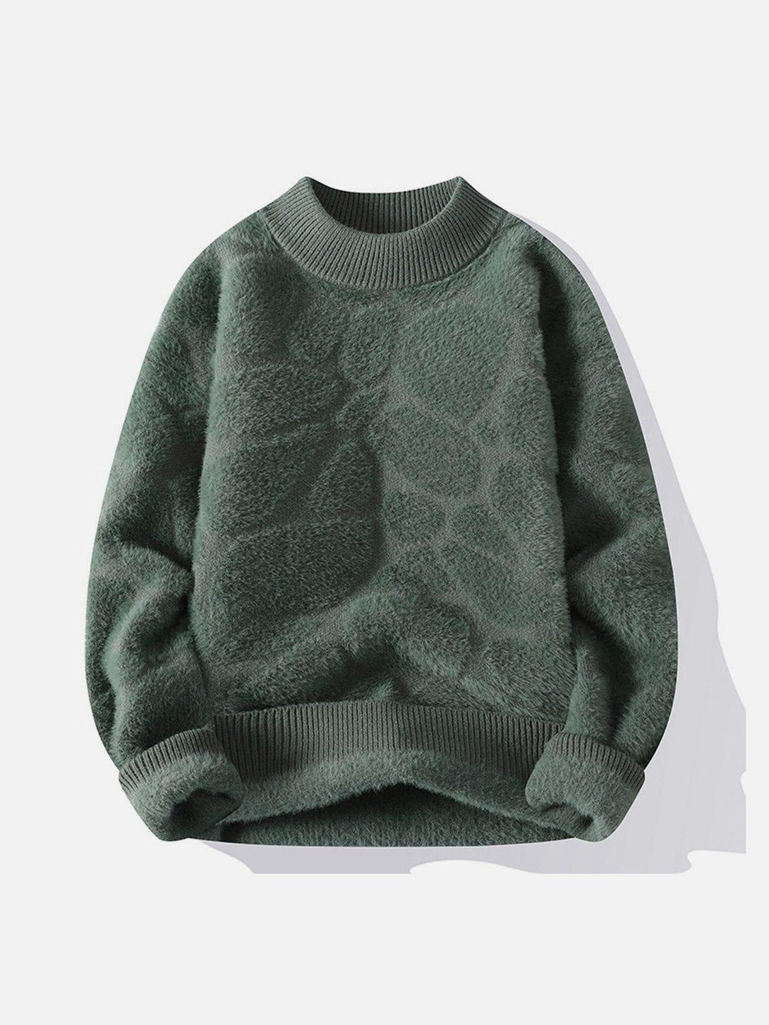 Front view of an army green mink fleece sweater by TALISHKO, highlighting its cozy texture.
