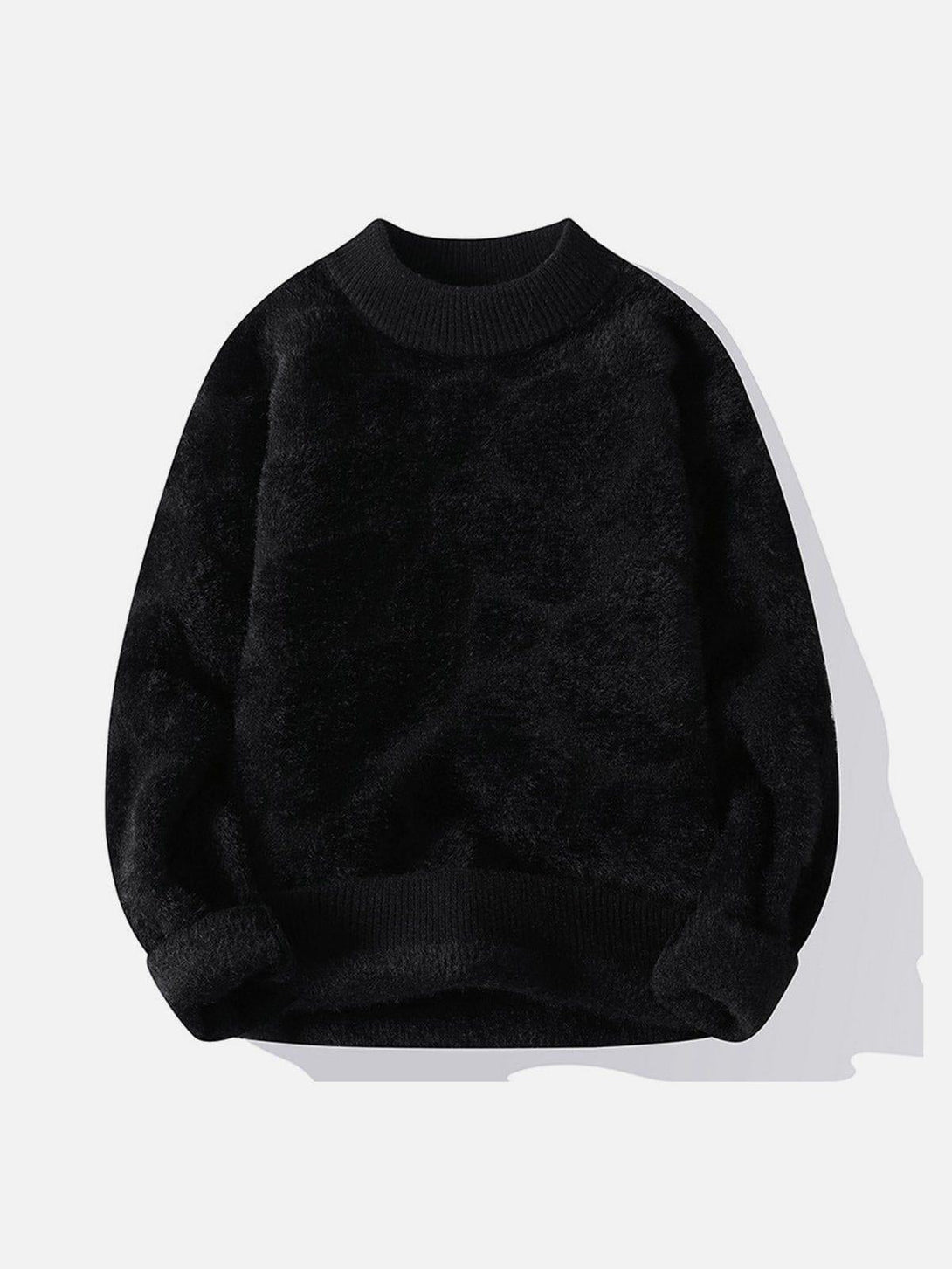 Front view of a black mink fleece sweater by TALISHKO, perfect for a cozy, urban look.