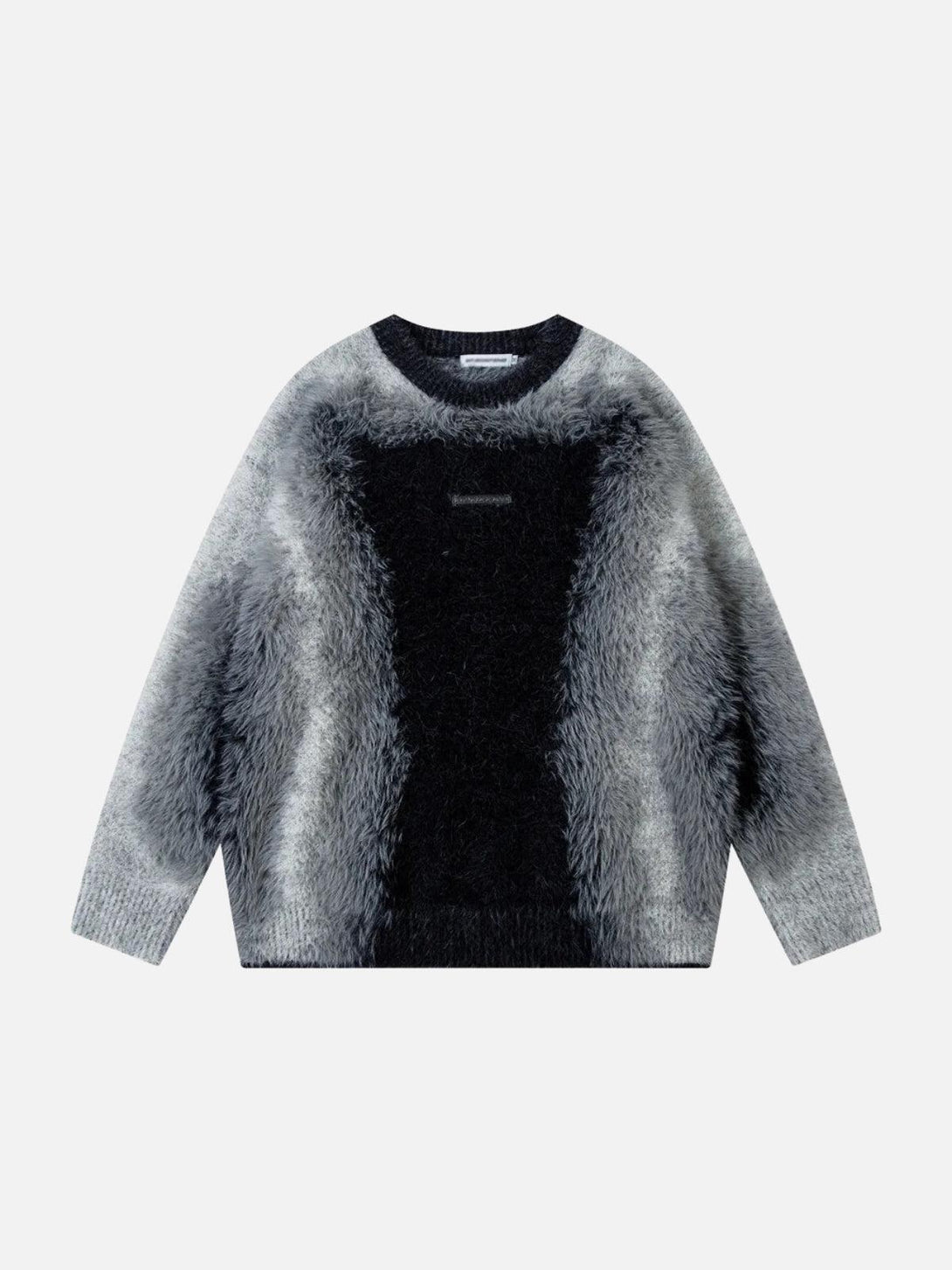 Front view of a black mohair spliced sweater by TALISHKO, featuring a textured, fluffy design.