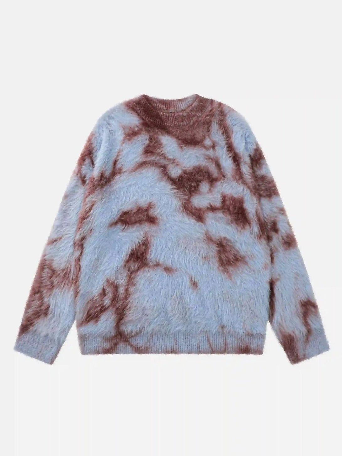 TALISHKO mohair sweater in blue with a unique tie-dye pattern, front view highlighting its texture.