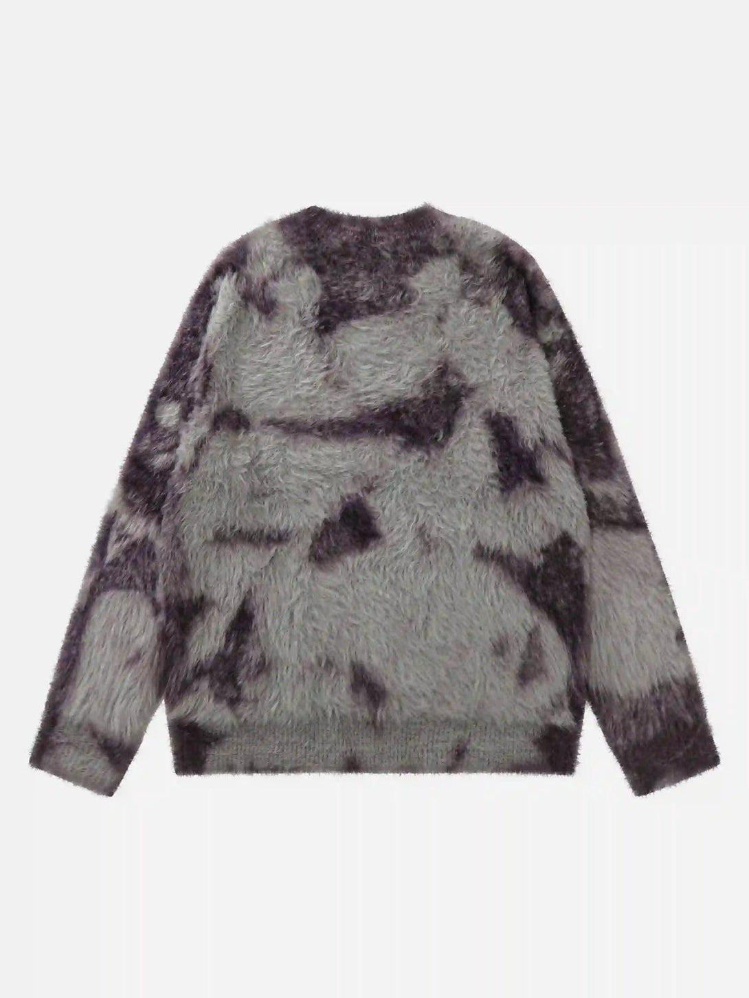 Back view of TALISHKO's grayish purple mohair sweater, highlighting its soft tie-dye design.
