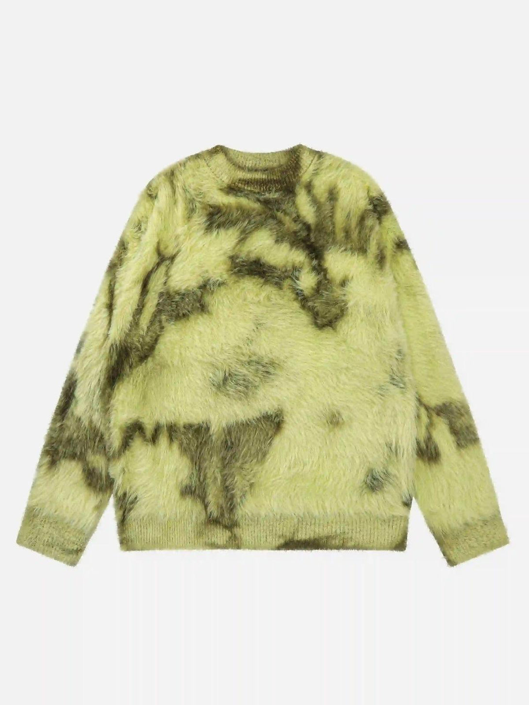 Front view of TALISHKO's green mohair sweater, featuring a unique tie-dye design.
