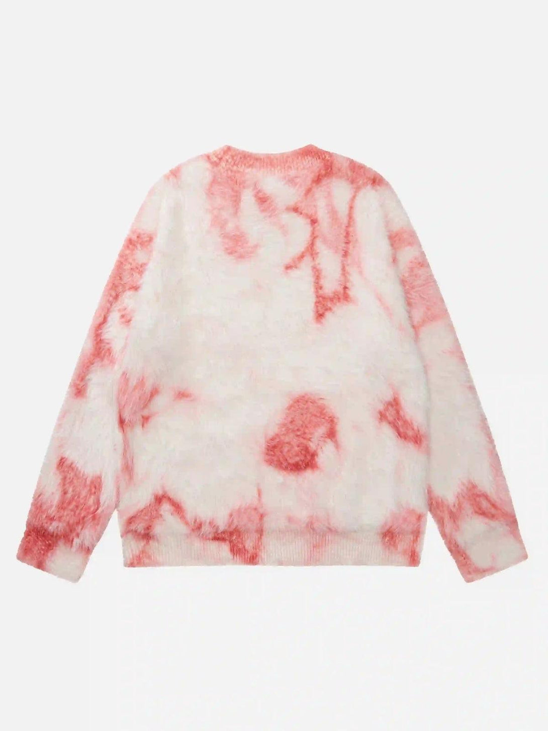 Back view of TALISHKO's pink mohair sweater, featuring a unique tie-dye pattern.
