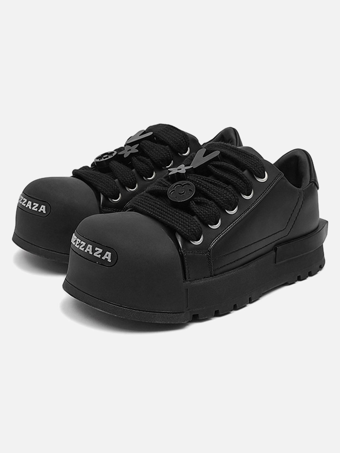 Front view of black chunky tread sneakers by TALISHKO, featuring bold laces and sleek design.