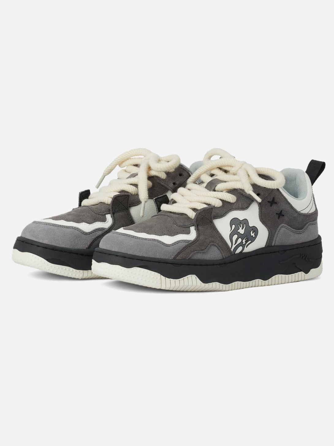 Front view of gray TALISHKO sneakers with bold laces and street-inspired design.