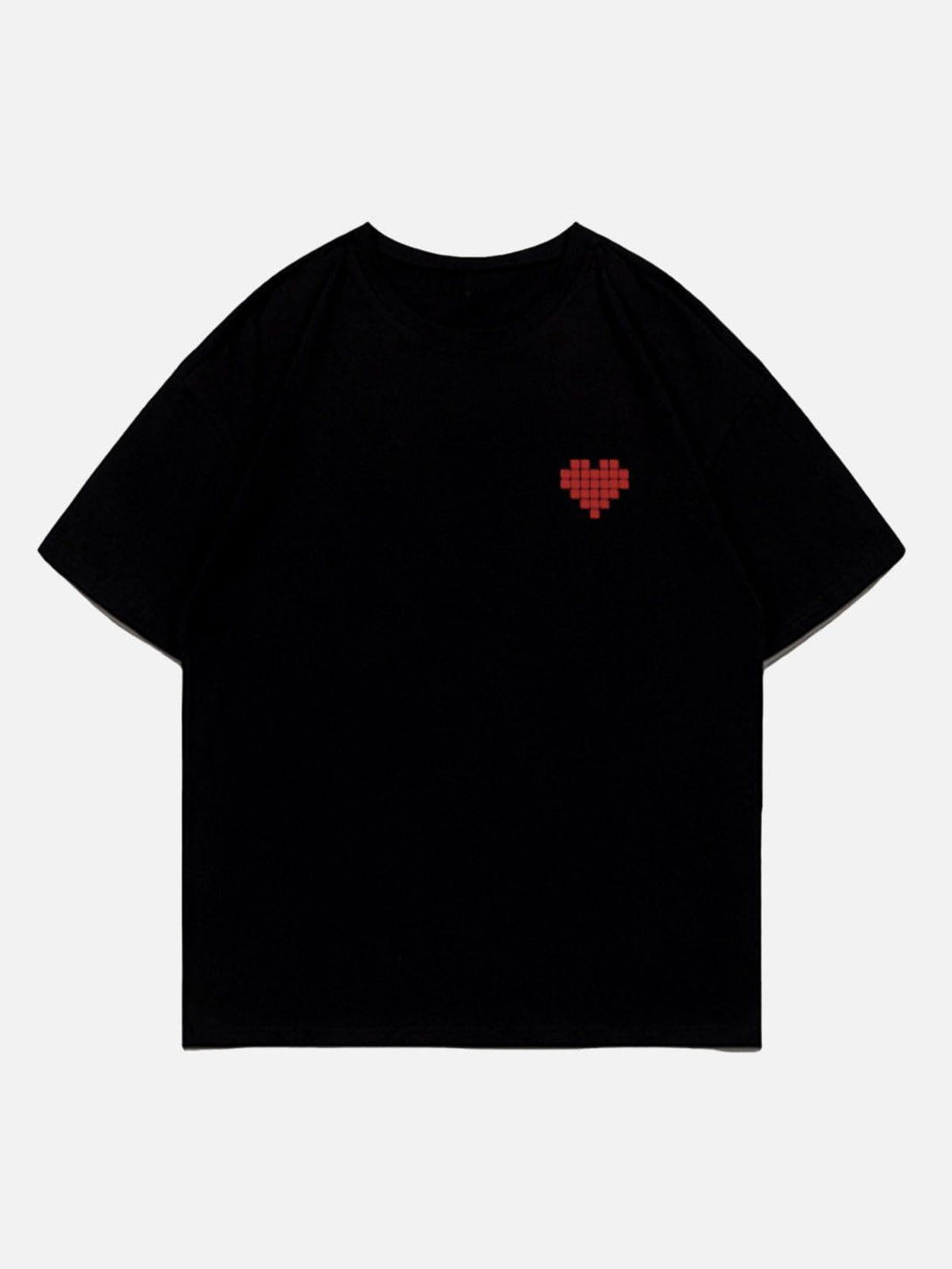 Front view of a black Mosaic Heart Print Tee by TALISHKO, featuring a red pixelated heart design.