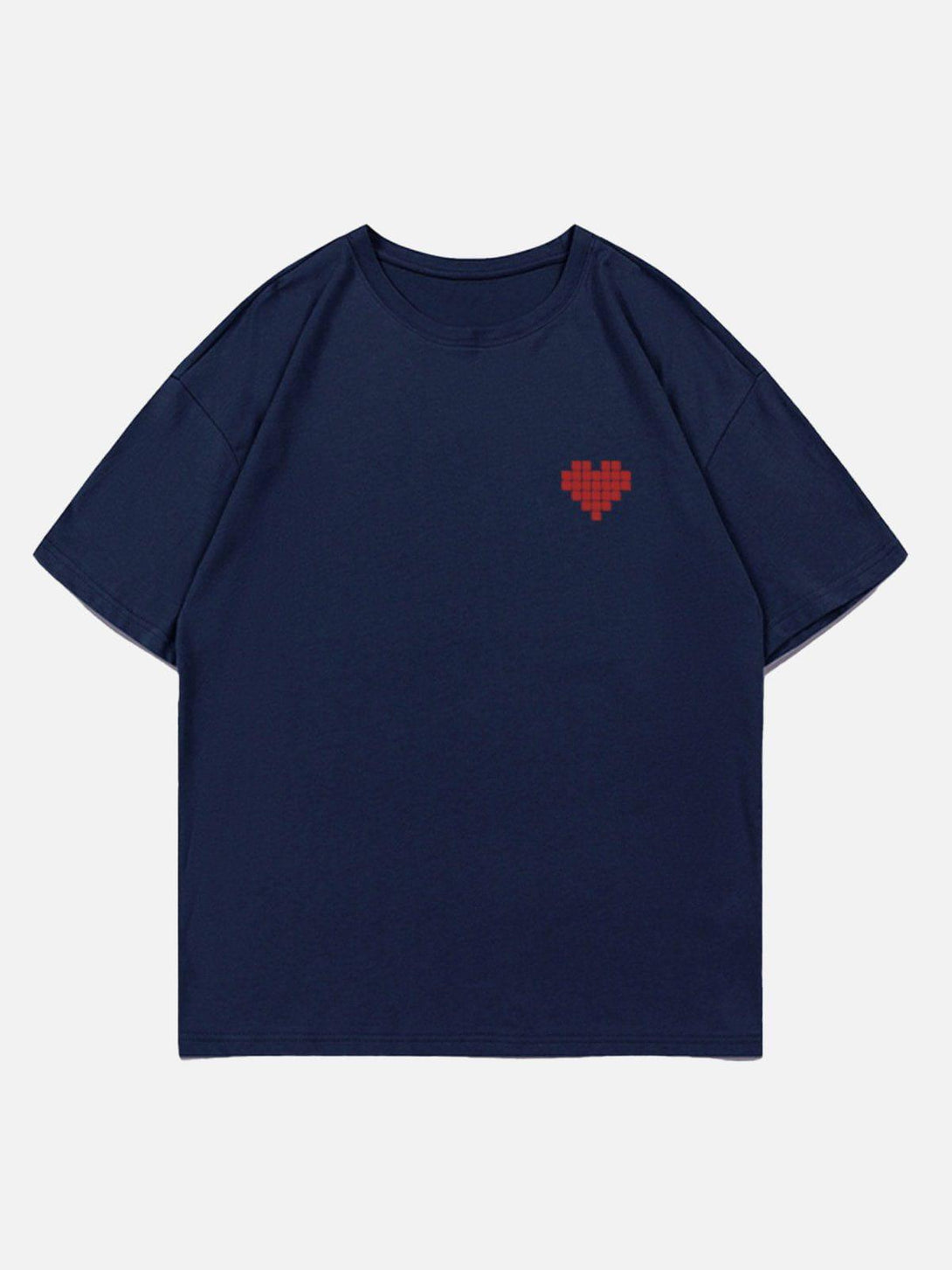 Front view of a navy blue Mosaic Heart Print Tee by TALISHKO, featuring a red pixelated heart.