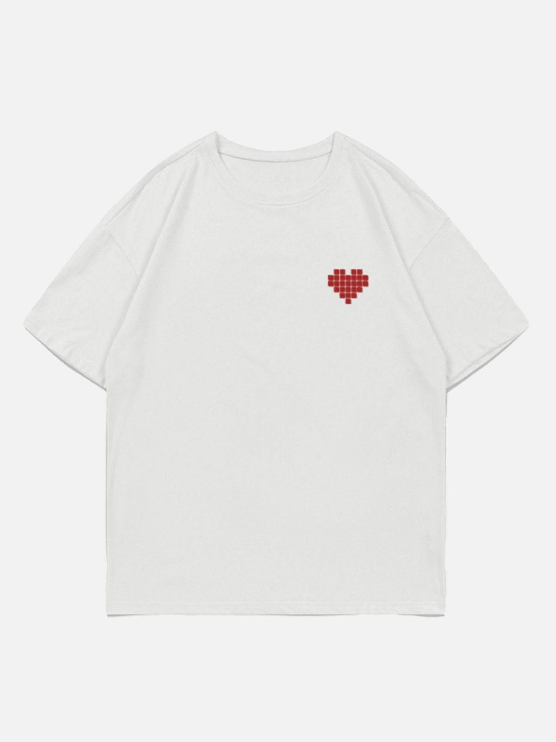 Front view of a white Mosaic Heart Print Tee by TALISHKO, featuring a pixelated red heart design.