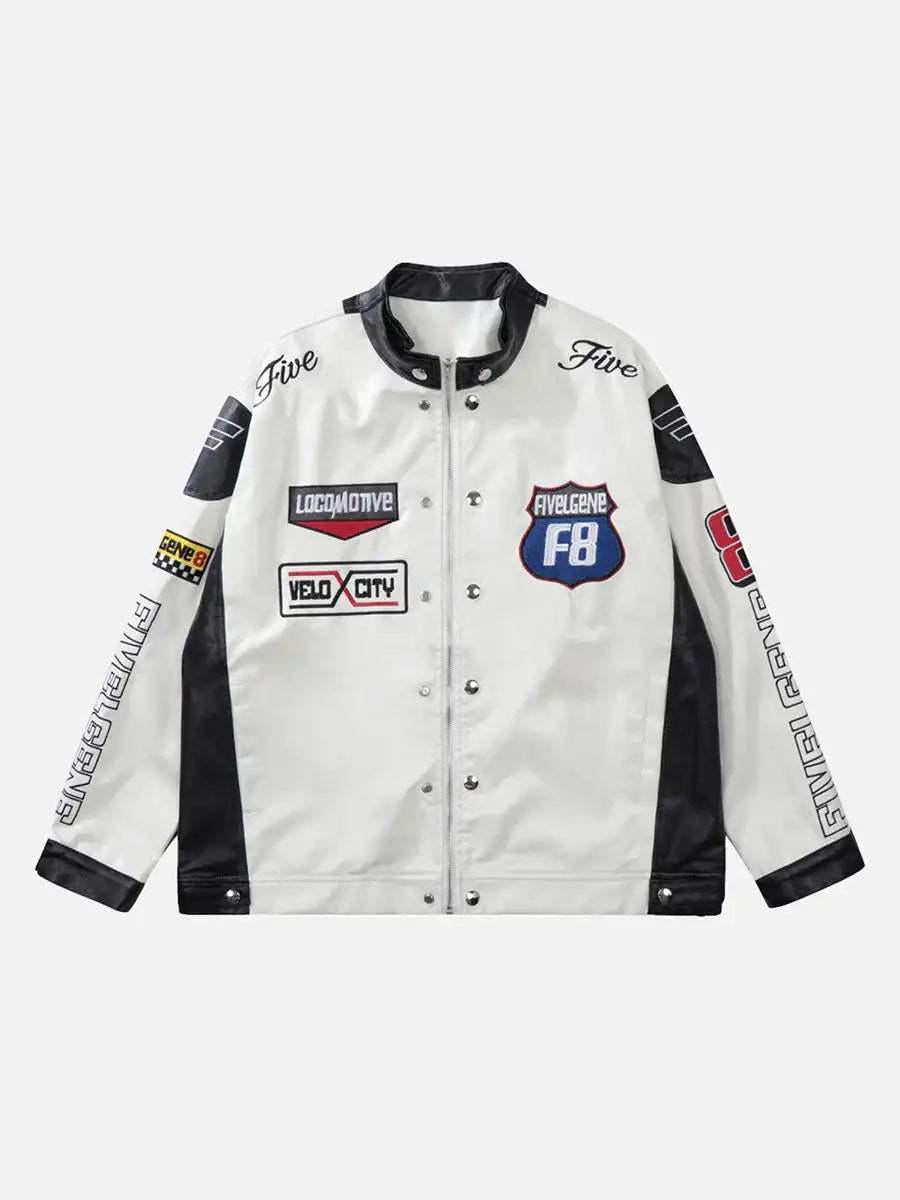 Front view of a black and white racing jacket by TALISHKO, showcasing bold patches and sleek style.
