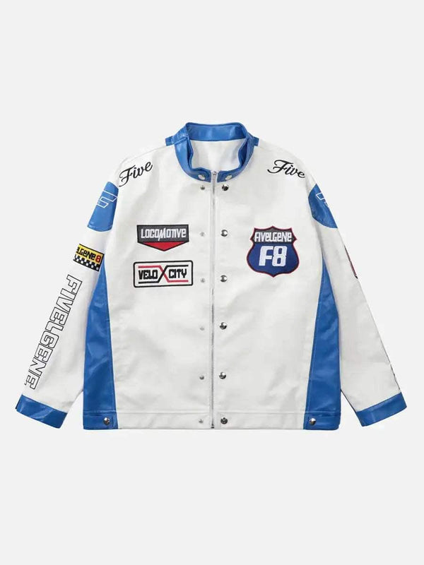 Front view of a blue and white racing jacket by TALISHKO, featuring bold patches and sporty design.