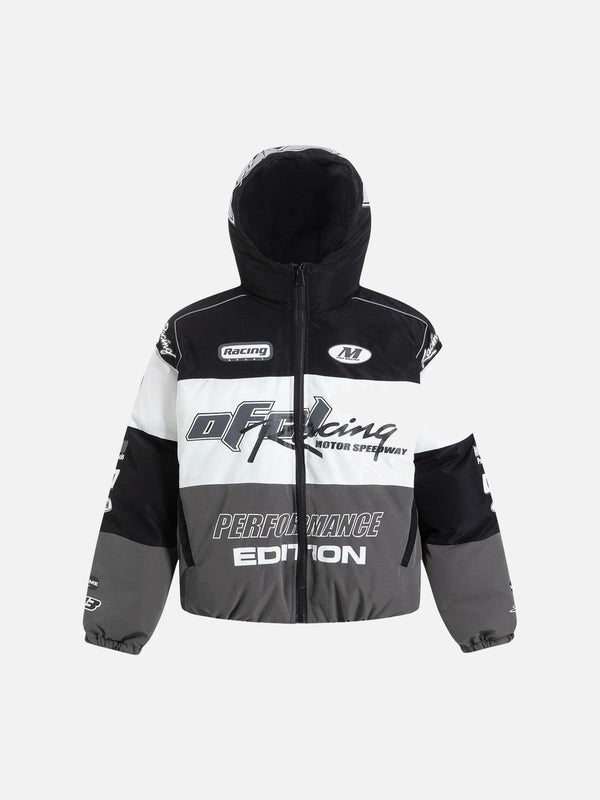 Front view of black motorcycle racing puffer jacket by TALISHKO, featuring bold lettering.
