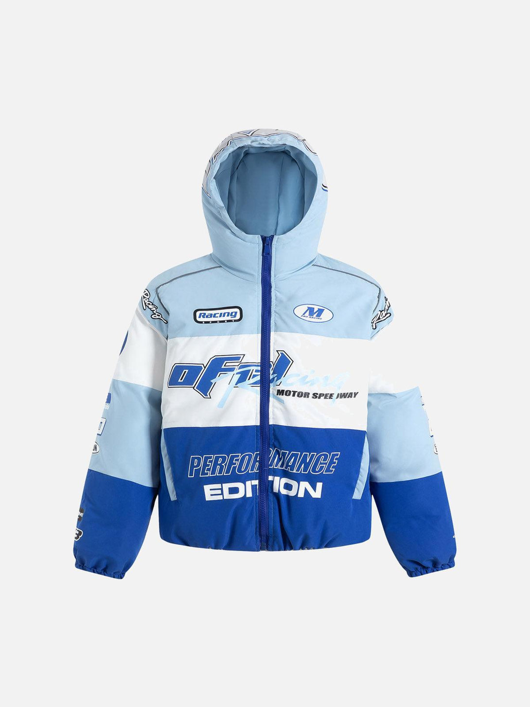 Front view of blue motorcycle racing puffer jacket by TALISHKO, featuring bold graphics.