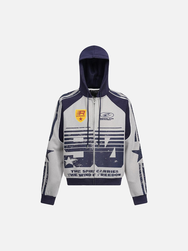 Front view of a blue motorcycle-style printed hooded sweatshirt by TALISHKO, perfect for urban wear.