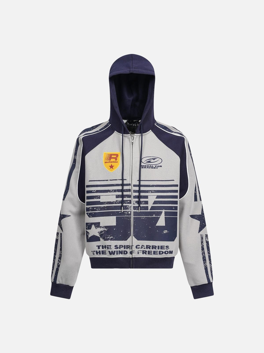 Front view of a gray TALISHKO hoodie with mottled distressed prints and bold text design.