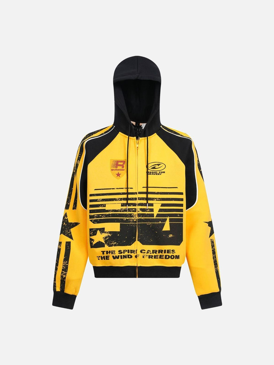 Front view of a yellow TALISHKO hoodie featuring bold, distressed prints and graphic details.