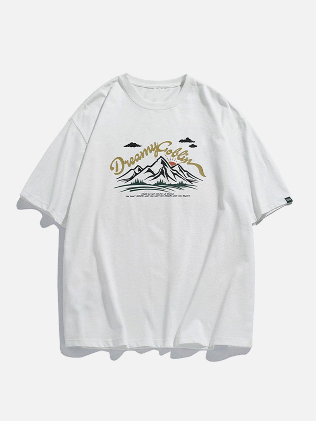 Front view of a white mountain print tee by TALISHKO, ideal for casual summer styling.