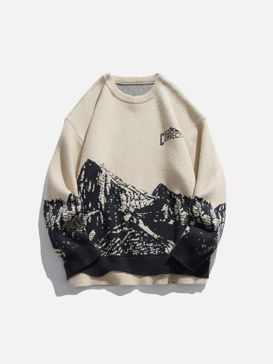 Front view of a beige mountains knit sweater by TALISHKO, perfect for casual street style.