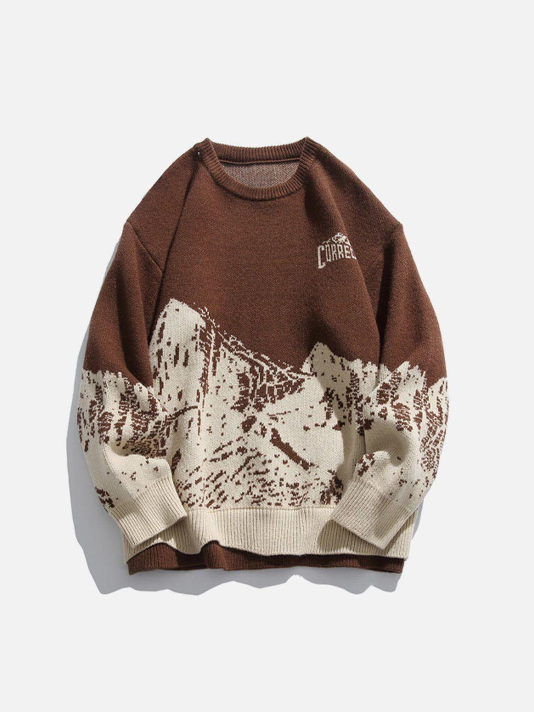 Front view of a coffee-colored mountains knit sweater by TALISHKO, featuring a scenic pattern.