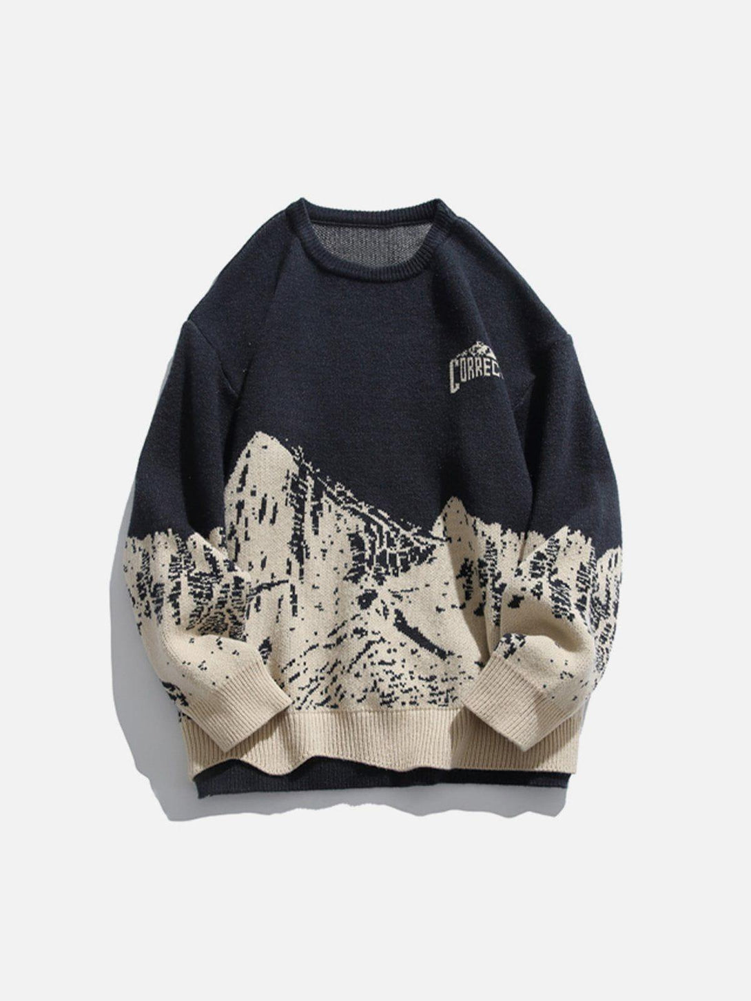 Front view of a navy blue mountains knit sweater by TALISHKO, ideal for casual outings.