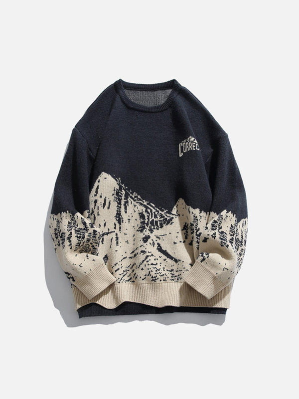 Front view of a navy blue mountains knit sweater by TALISHKO, ideal for casual outings.