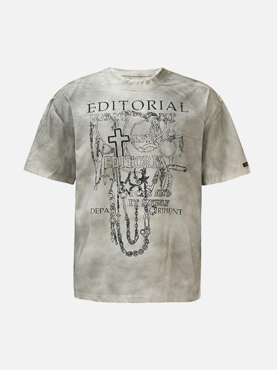 Front view of a white street rap T-shirt by TALISHKO with mud-dyed cross print design.