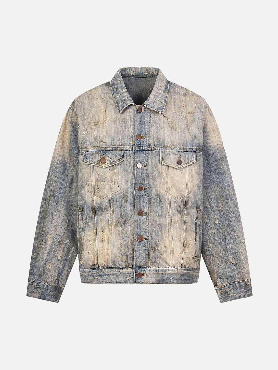 Front view of a light blue denim jacket with mud-dyed distressing by TALISHKO.