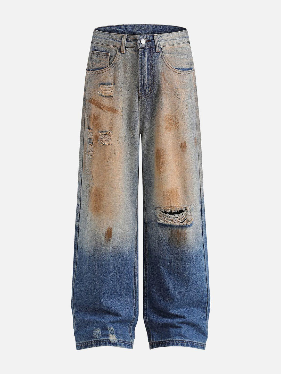 Front view of blue distressed jeans with mud dyeing by TALISHKO, perfect for urban style.