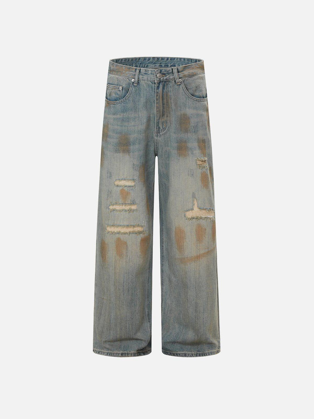 Front view of TALISHKO blue jeans with mud dyeing and distressed vintage fade detailing.