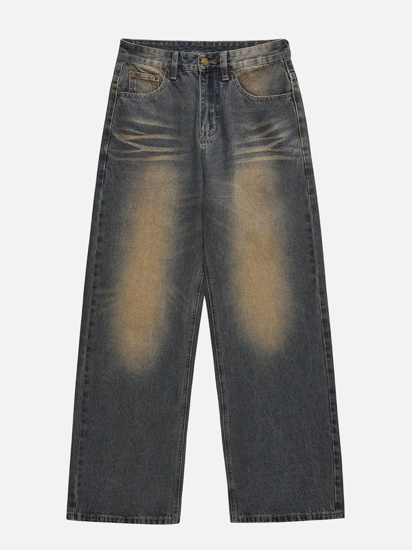 Front view of blue Mud Dyeing Washed Jeans by TALISHKO, featuring a unique faded finish.