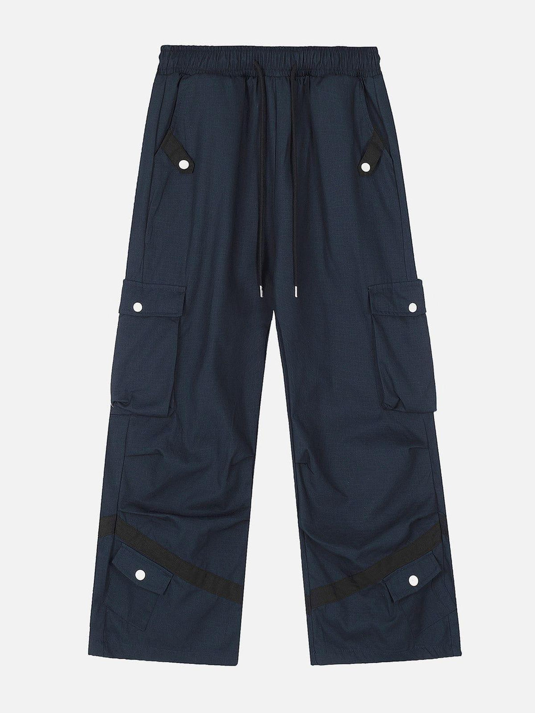 Front view of blue cargo pants with multiple pockets, by TALISHKO, perfect for urban style.