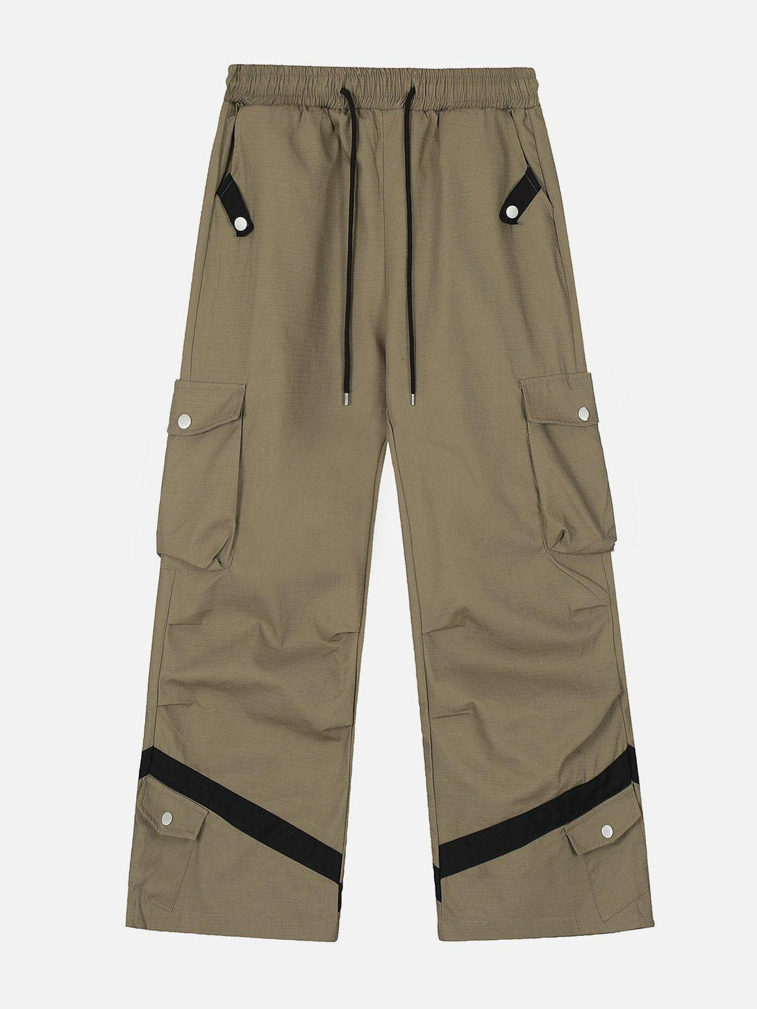 Front view of brown cargo pants with multi-button pockets by TALISHKO, ideal for urban style.