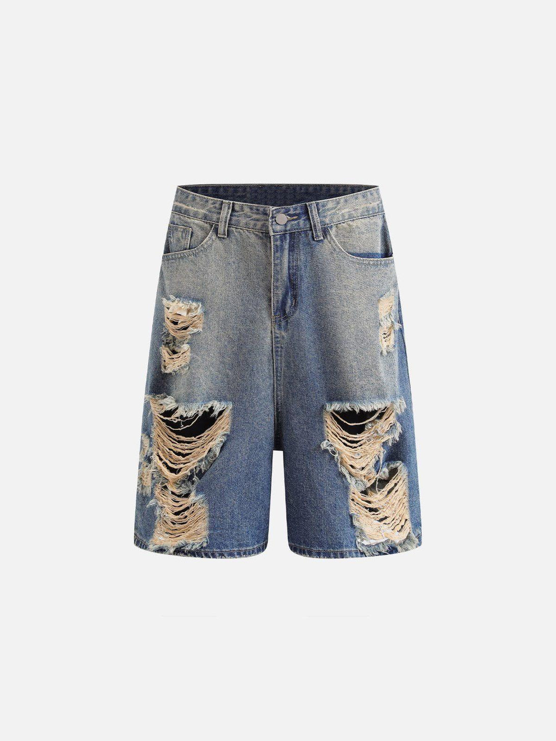 Front view of blue distressed jorts by TALISHKO, featuring a rugged, casual design.