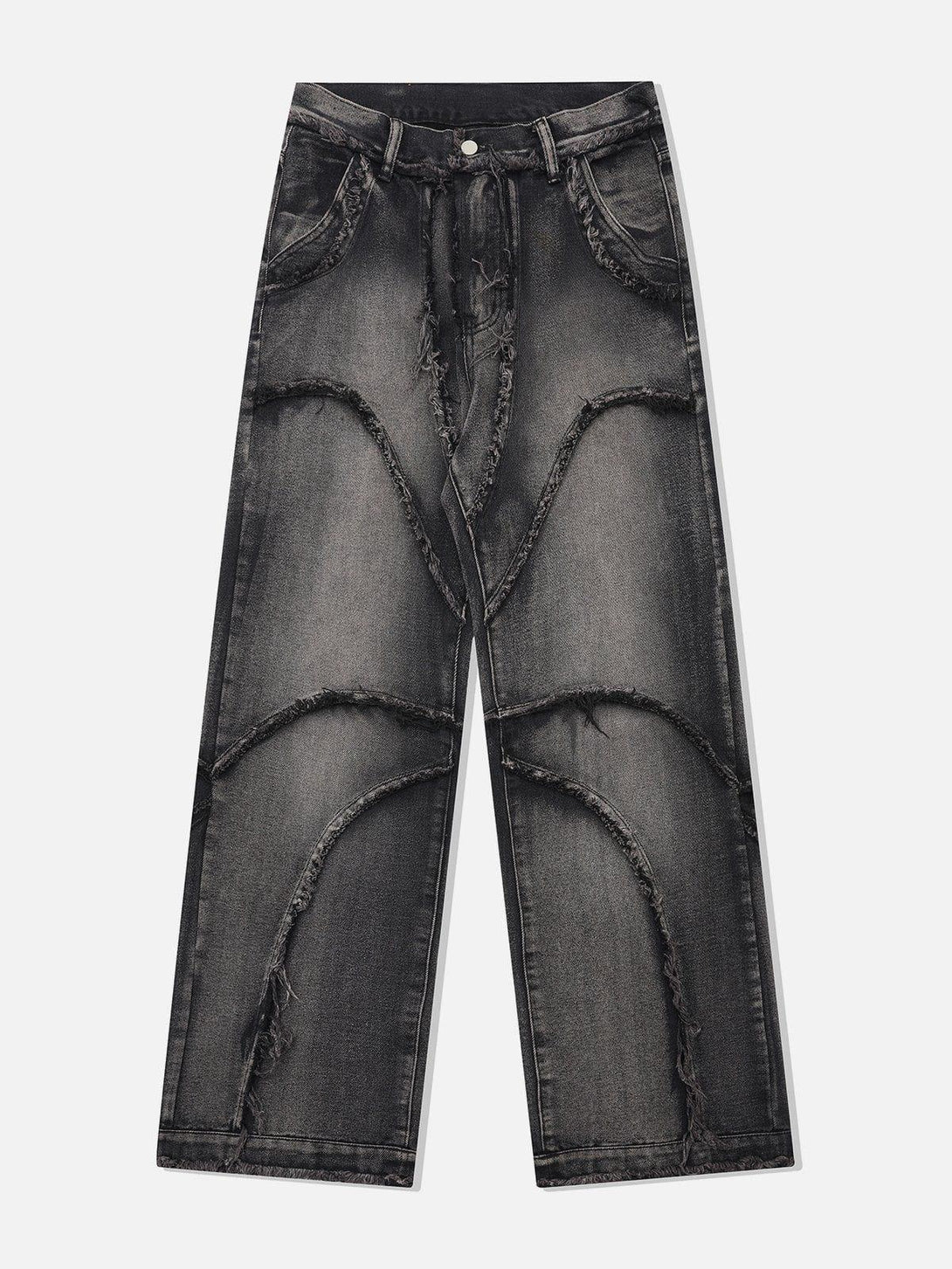 Front view of black washed jeans with multi-fringe detailing by TALISHKO, ideal for urban style.