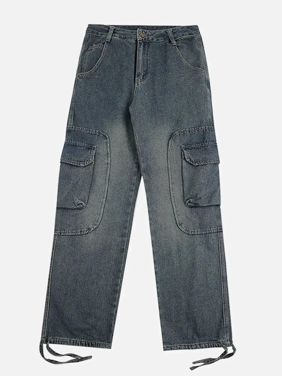 Front view of blue multi-pocket cargo jeans by TALISHKO, perfect for urban style.