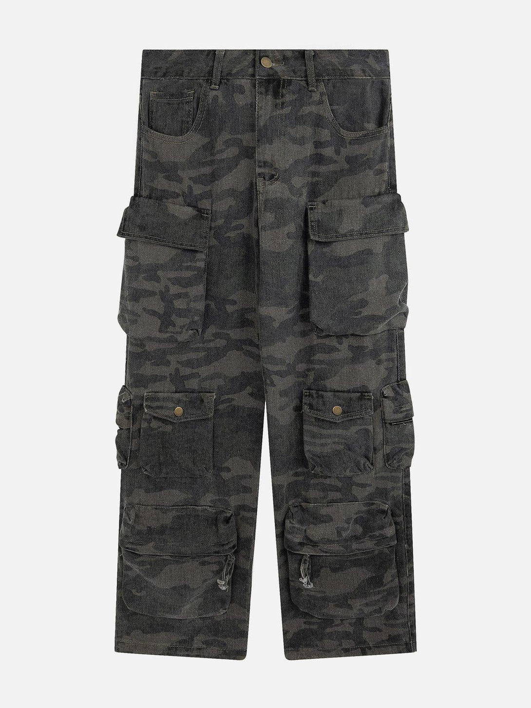 Front view of dark green camouflage cargo pants with multiple pockets by TALISHKO.