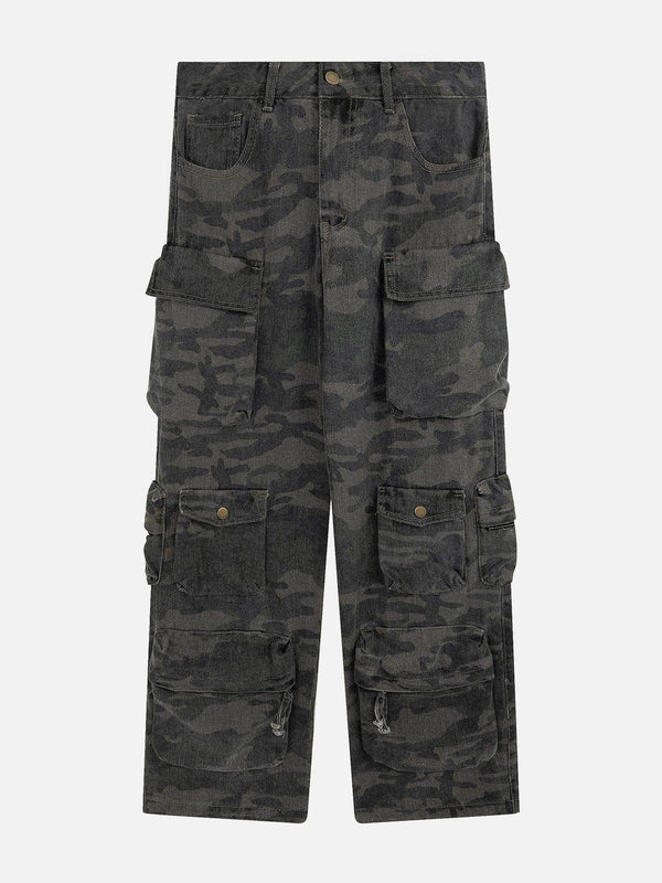 Front view of dark green camouflage cargo pants with multiple pockets by TALISHKO.