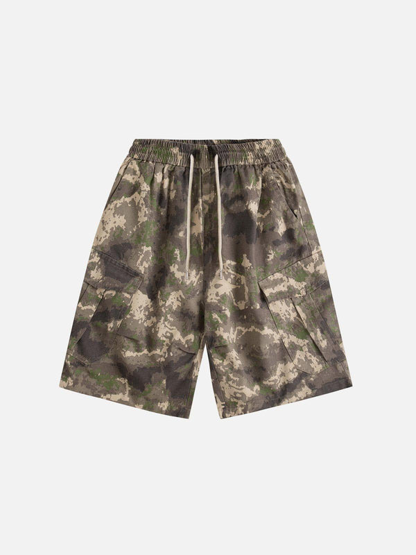Front view of TALISHKO green camo multi-pocket shorts, perfect for casual summer wear.